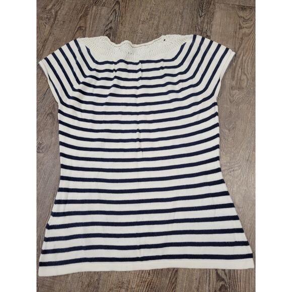 Chaps Crochet Top Short Sleeve Navy Ivory Sweater Pullover Size Medium - Picture 4 of 4